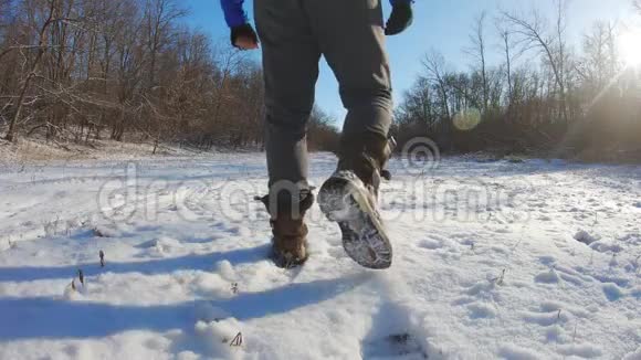 徒步旅行者背着背包走在覆盖着深深雪的松林里冬季活动和娱乐理念视频的预览图