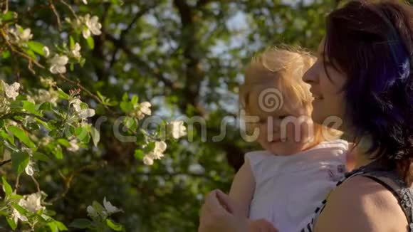妈妈带着一个小女儿看着苹果树上的花视频的预览图
