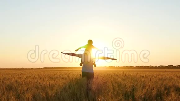 日落时分一位父亲和孩子的剪影举起双手模拟一次美妙的日落飞行视频的预览图