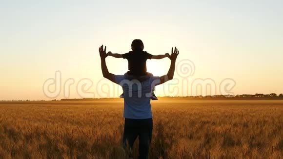 日落时父亲和孩子的剪影男孩举起双手在空中模仿一次美妙的日落飞行视频的预览图
