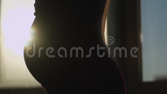 孕妇在阳光下站在窗户附近抚摸她的胃视频的预览图
