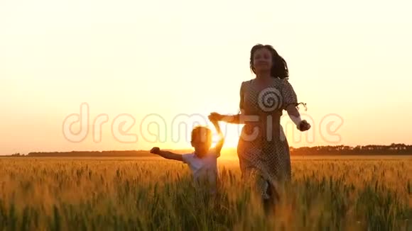 一位快乐的母亲牵着孩子的手在日落时穿过一片麦田一个母亲和一个小男孩穿过视频的预览图