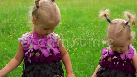 两个穿着紫色梦幻裙的小妹妹正看着镜头视频的预览图