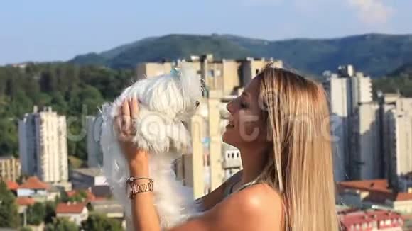 性感金发女郎手持马耳他狗宠物小狗视频的预览图