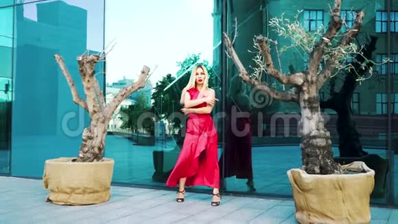性感的金发女人在大盆树旁的镜子上跳舞视频的预览图