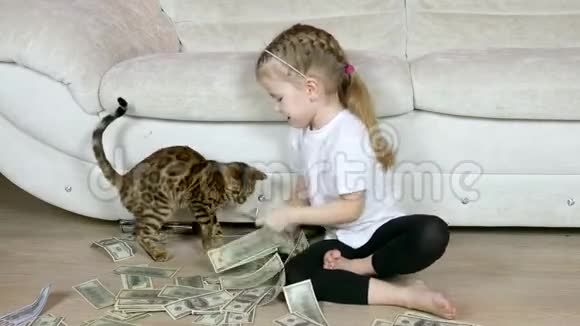 小女孩玩孟加拉猫撒钱视频的预览图