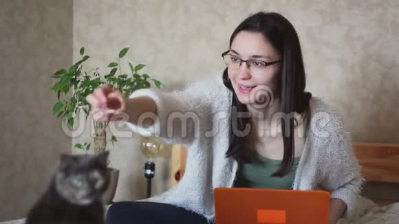一个年轻漂亮的女孩坐在床上和她的猫玩视频的预览图