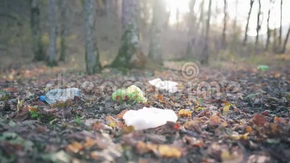 一个女人收集落叶上的脏垃圾特写生态系统污染森林中的塑料废物视频的预览图