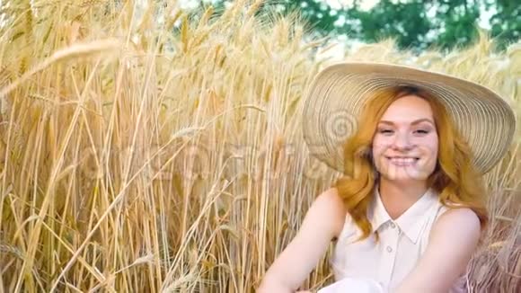 戴着红发的浪漫女孩坐在麦田里视频的预览图