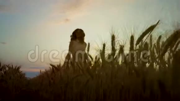 快乐的女孩在日落时在麦田里玩视频的预览图