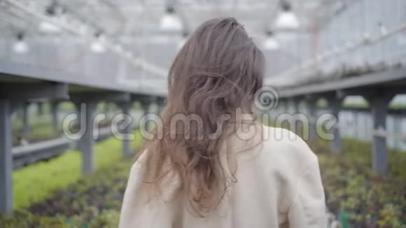 年轻的褐发白种人女人转向相机站在温室里一位棕色眼睛的神秘女士视频的预览图