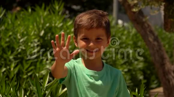 一个穿绿色T恤的快乐男孩露出了张开的手掌视频的预览图