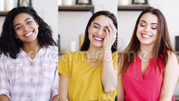 在一个快乐的多种族的女孩中有三个女孩在家里笑着视频的预览图
