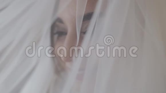 面纱下美丽可爱的新娘的脸婚礼视频的预览图