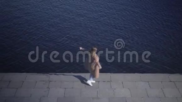 乐观的白人年轻女子在河岸上旋转的俯视图大片快乐胖乎乎的女孩享受阳光视频的预览图