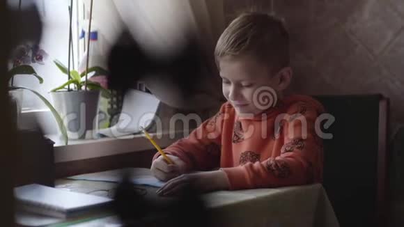 可爱的白人学童在家学习的肖像小男孩做作业微笑欢乐生活方式教育视频的预览图