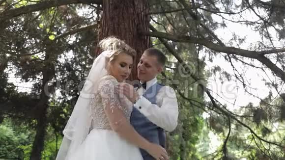 新婚夫妇白人新郎和新娘在公园里新婚夫妇幸福家庭视频的预览图