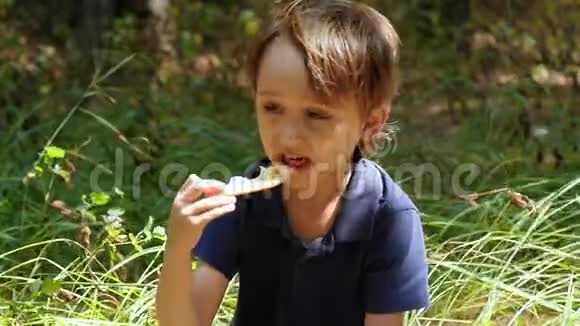 一个小男孩在公园里休息时吃零食一个孩子吃一片比萨饼视频的预览图