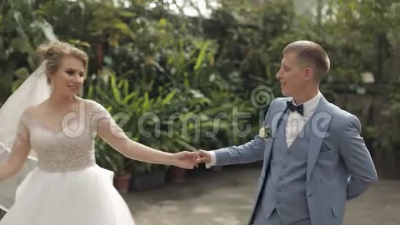 新婚夫妇白人新郎和新娘在公园里新婚夫妇幸福家庭视频的预览图