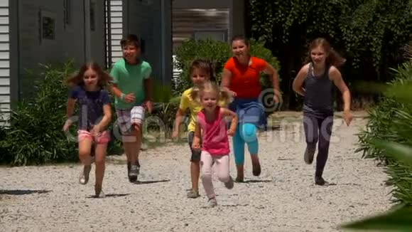 快乐的一群孩子沿着马路跑视频的预览图
