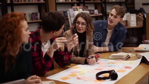 四名年轻的欧洲学生营销研究团队集思广益致力于创业计划或未来连锁经营视频的预览图