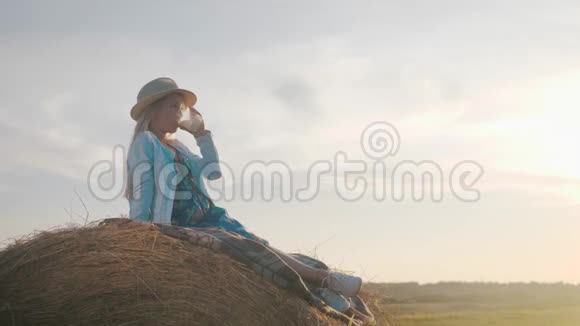 穿着蓝色裙子的漂亮女孩在田里的干草堆上喝牛奶孩子在夏天野餐视频的预览图