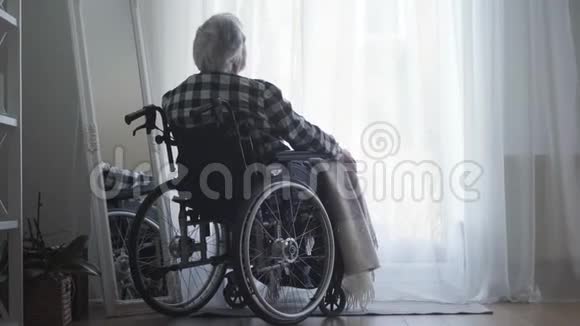老白种人坐在轮椅上坐在大窗户前用窗帘和思考关上了孤独寂寞视频的预览图