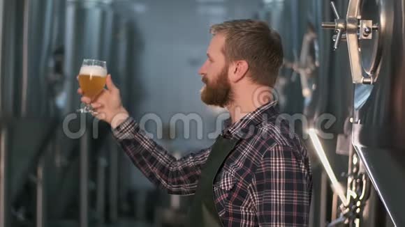 一位留着胡子的成功商人在啤酒罐里站着评价刚酿出的啤酒视频的预览图
