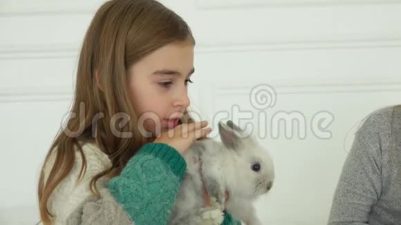 美丽的女孩在抚摸可爱的小兔子视频的预览图