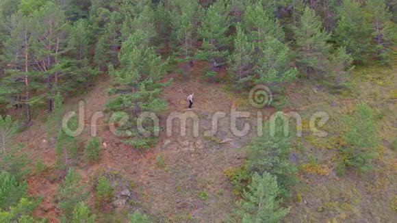 一名携带背包在山腰行走的女孩的空中追踪视频的预览图