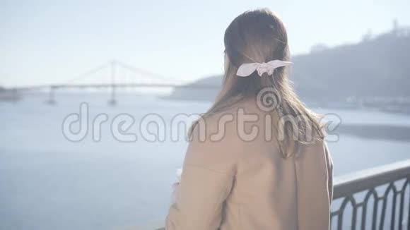 阳光明媚的秋日年轻的高加索女人从桥上望着河积极的黑发胖妞视频的预览图