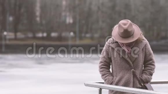 穿着外套的年轻女子在冰冻的湖边视频的预览图