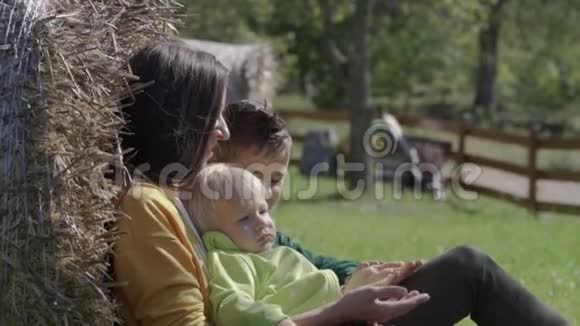 一位年轻的母亲坐在草地上和孩子们玩耍视频的预览图
