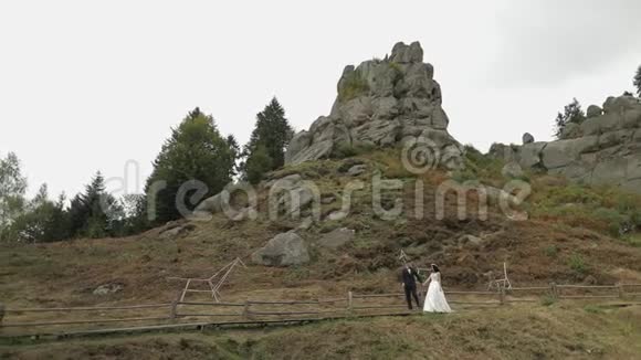 新郎新娘在山上散步新婚夫妇相爱视频的预览图