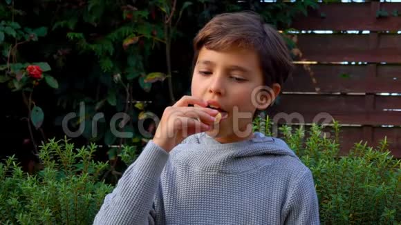 十几岁的男孩吃一个法国杏仁饼干苹果视频的预览图