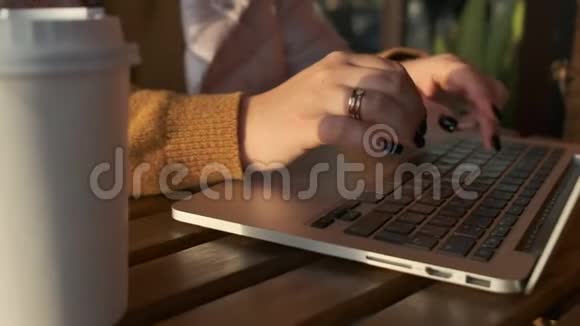 阳光明媚的日子里女人在笔记本键盘上打字手指特写视频的预览图