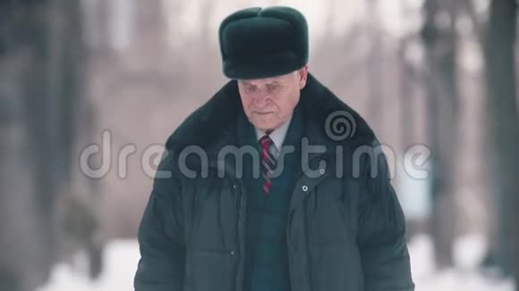 下雪时一位老人在公园里散步视频的预览图