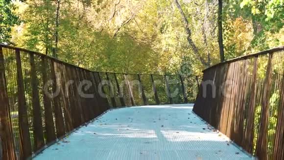 秋季公园金属桥上的女性慢跑者视频的预览图