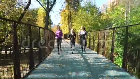 秋天阳光明媚的公园里快乐的女孩在金属桥上慢跑视频的预览图