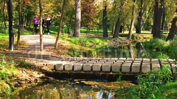 在公园的水泥桥上奔跑的年轻女孩视频的预览图