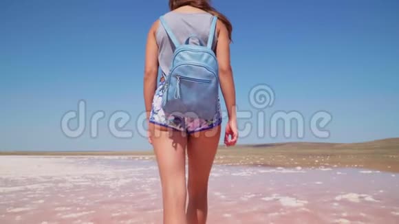 一个女孩沿着克里米亚美丽的Kayash粉红色盐湖散步慢动作对斯泰迪达姆的射击视频的预览图
