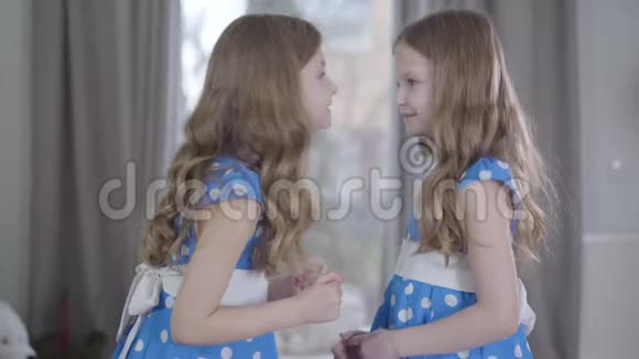 侧面观看快乐微笑的白人女孩穿着蓝色连衣裙分享秘密和给予高五可爱的双胞胎姐妹视频的预览图