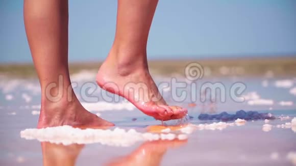 快关门一个女孩赤脚走在美丽的凯什粉红色盐湖在克里米亚慢动作对斯泰迪达姆的射击视频的预览图