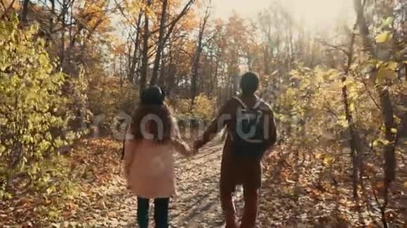 情侣在公园的秋日散步手牵手后景视频的预览图