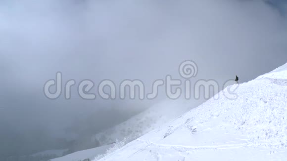 滑雪者骑着免费的滑雪板在粉状雪坡上冬季森林景观空中观景滑雪者乘坐卧铺视频的预览图