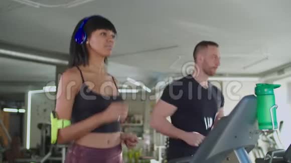 不同的健身者在健身房跑步机上跑步视频的预览图