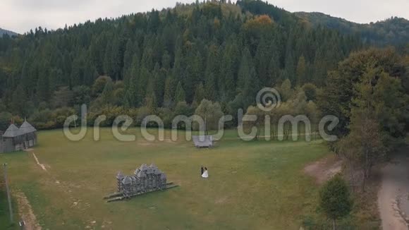 新婚夫妇在森林附近跳舞新郎和新娘空中景观视频的预览图