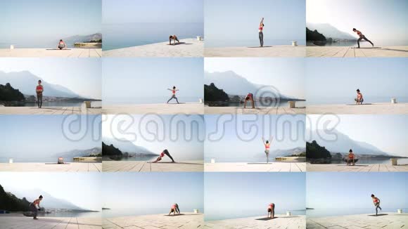 设置4x4运动女孩练习瑜伽海边视频的预览图