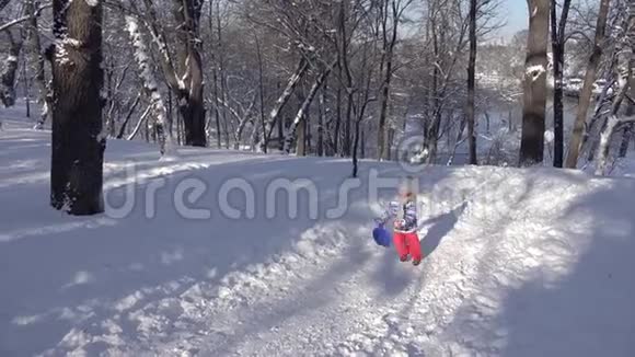 孩子们在雪地里雪橇孩子们在冬天玩耍小女孩在公园里户外雪橇视频的预览图