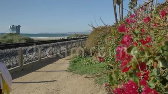 积极的高级女性在加州的夏日在靠近海洋的行人小径上散步那里有美丽的风景视频的预览图